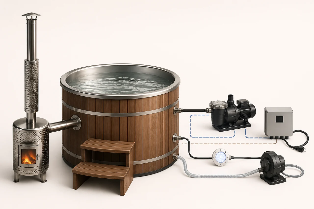 Bain nordique chauffé au bois avec filtration, éclairage et massage électriques optionnels