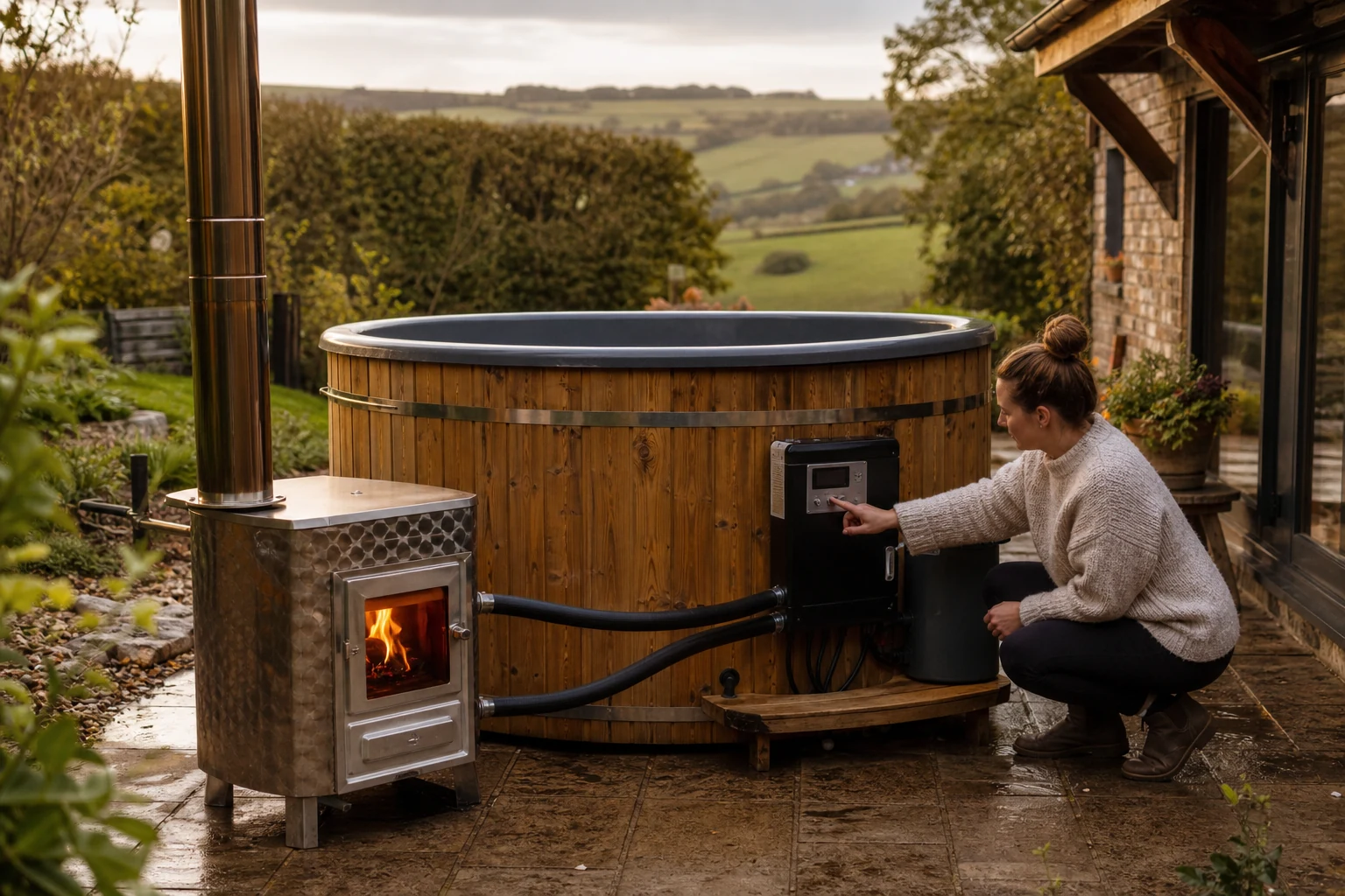 Bain nordique équipé d’un chauffage au bois et d’un appoint électrique