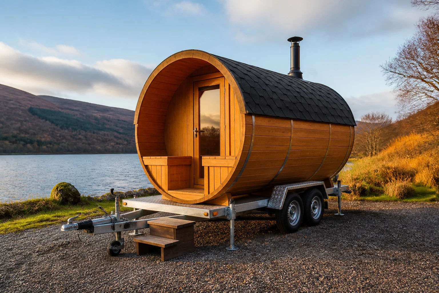 Sauna extérieur mobile monté sur une remorque
