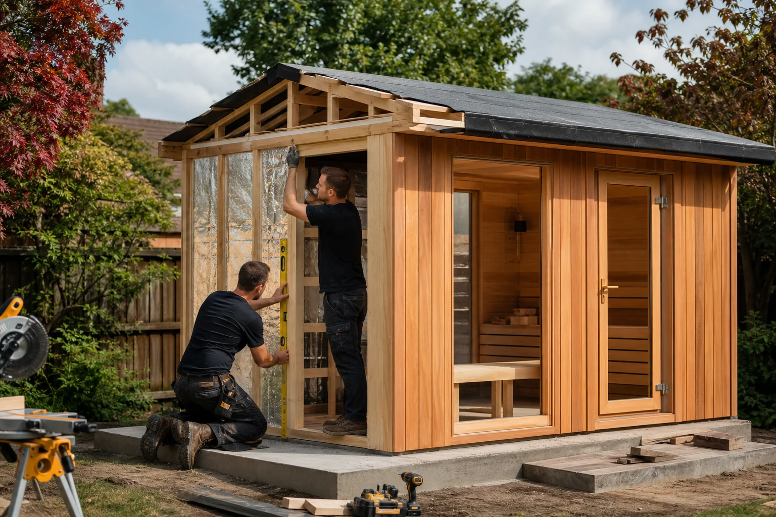Sauna extérieur en bois installé sur une base préparée