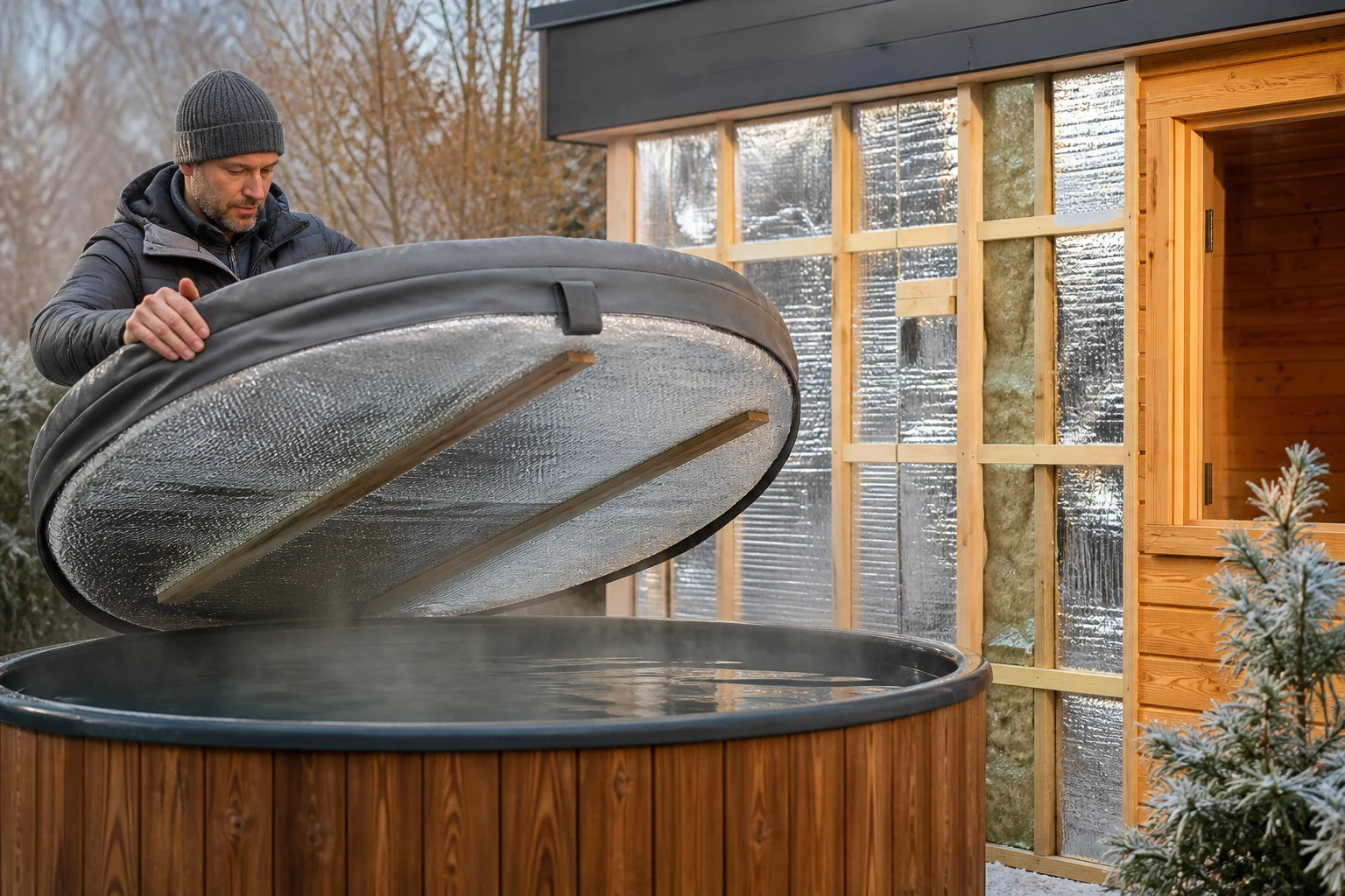 Bain nordique extérieur protégé par une isolation et un couvercle