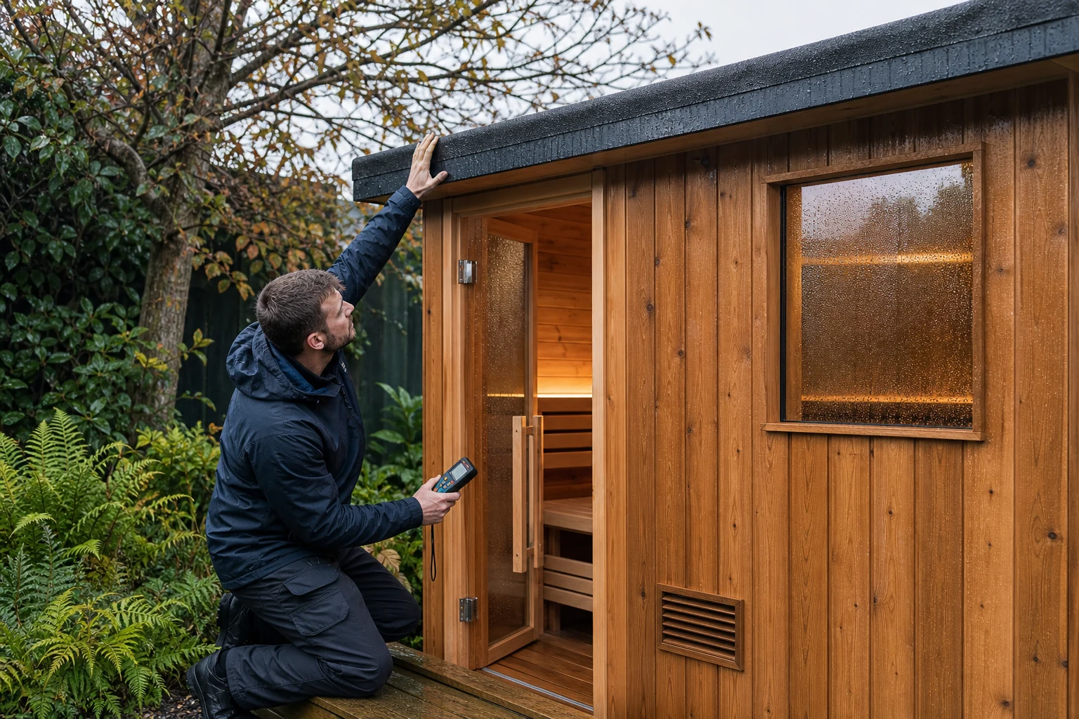 Sauna extérieur en bois inspecté pour la chaleur et l’humidité