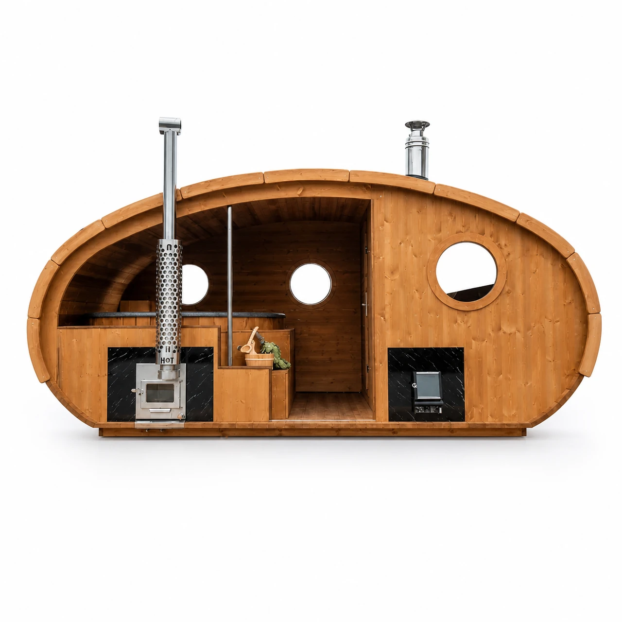 Ensemble ovale TimberIN Nordic Hobbiton combinant un sauna en bois et un bain nordique dans une même structure