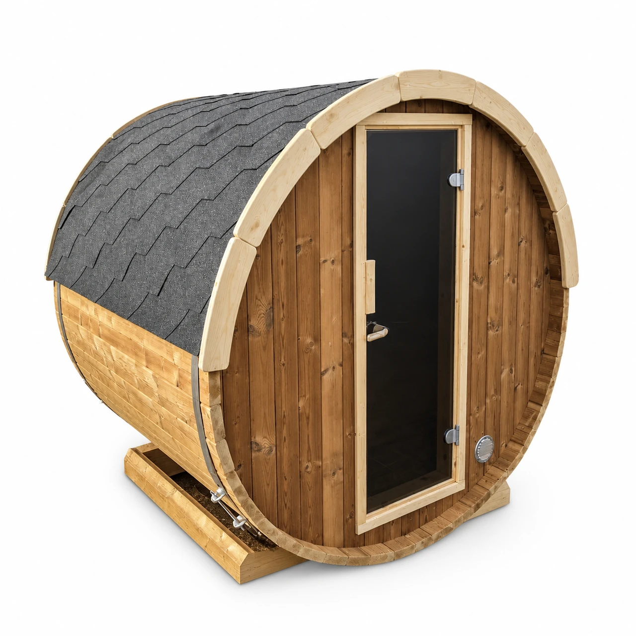 TimberIN Nordic Terrace™ 160 Electric 1 Sauna électrique compact TimberIN Nordic Terrace 160 pour deux personnes, avec coque arrondie, bardage en bois clair et façade vitrée sur fond blanc