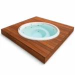 Bain nordique 4 Bain nordique encastré circulaire TimberIN Nordic InGround Comfort en PRV, rempli d’eau bleu clair et équipé de jets de massage dans une terrasse en bois sur fond blanc