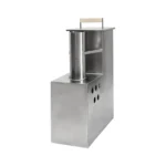 Poêle pour bain nordique 1 Poêle interne TimberIN SubmergeFire 26 en acier inoxydable, avec foyer rectangulaire, sortie de fumée supérieure et ouvertures latérales de circulation d’eau sur fond blanc