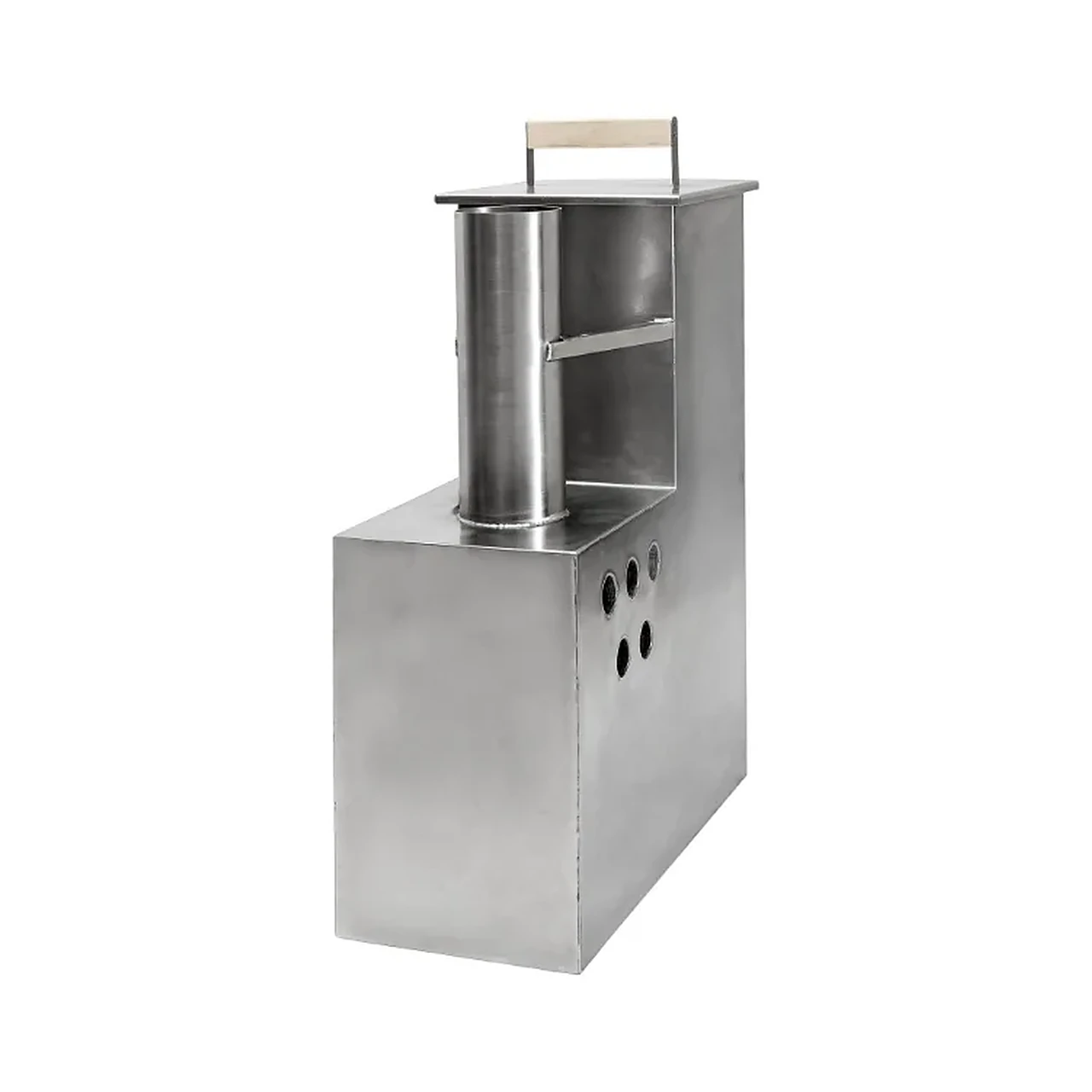 TimberIN SubmergeFire™ 26 1 Poêle interne TimberIN SubmergeFire 26 en acier inoxydable, avec foyer rectangulaire, sortie de fumée supérieure et ouvertures latérales de circulation d’eau sur fond blanc