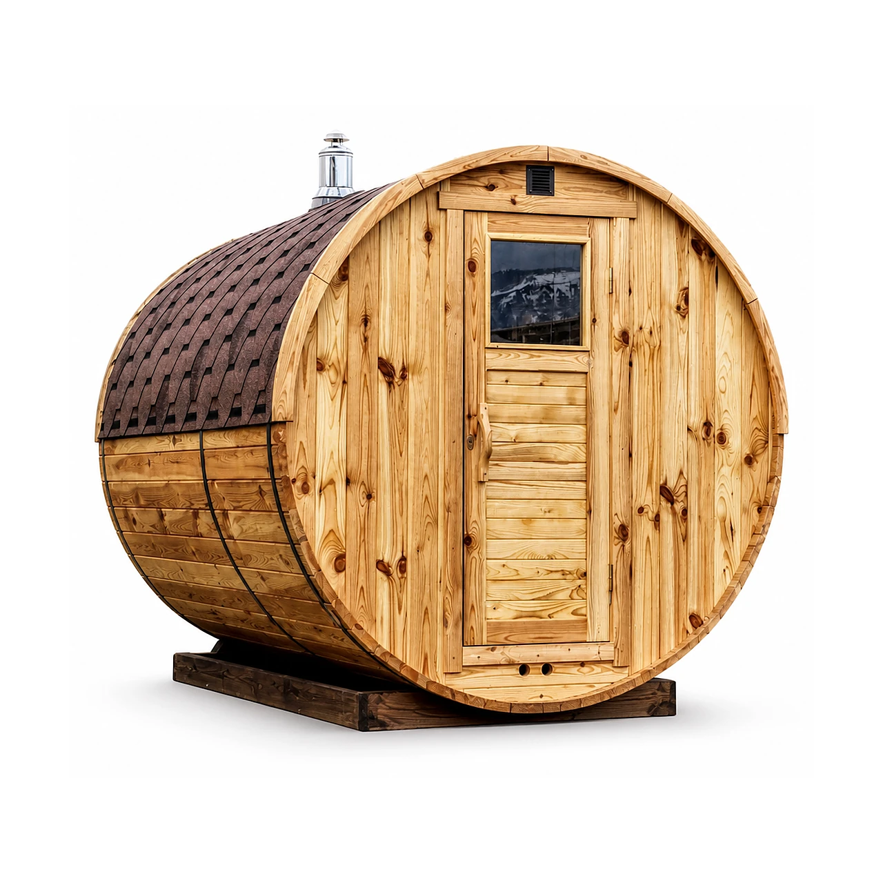 TimberIN Nordic Barrel™ Classic 1 Sauna tonneau TimberIN Nordic Barrel Classic en bois naturel, avec porte pleine, fenêtre carrée, cheminée, cerclages métalliques et supports courbes sur fond blanc