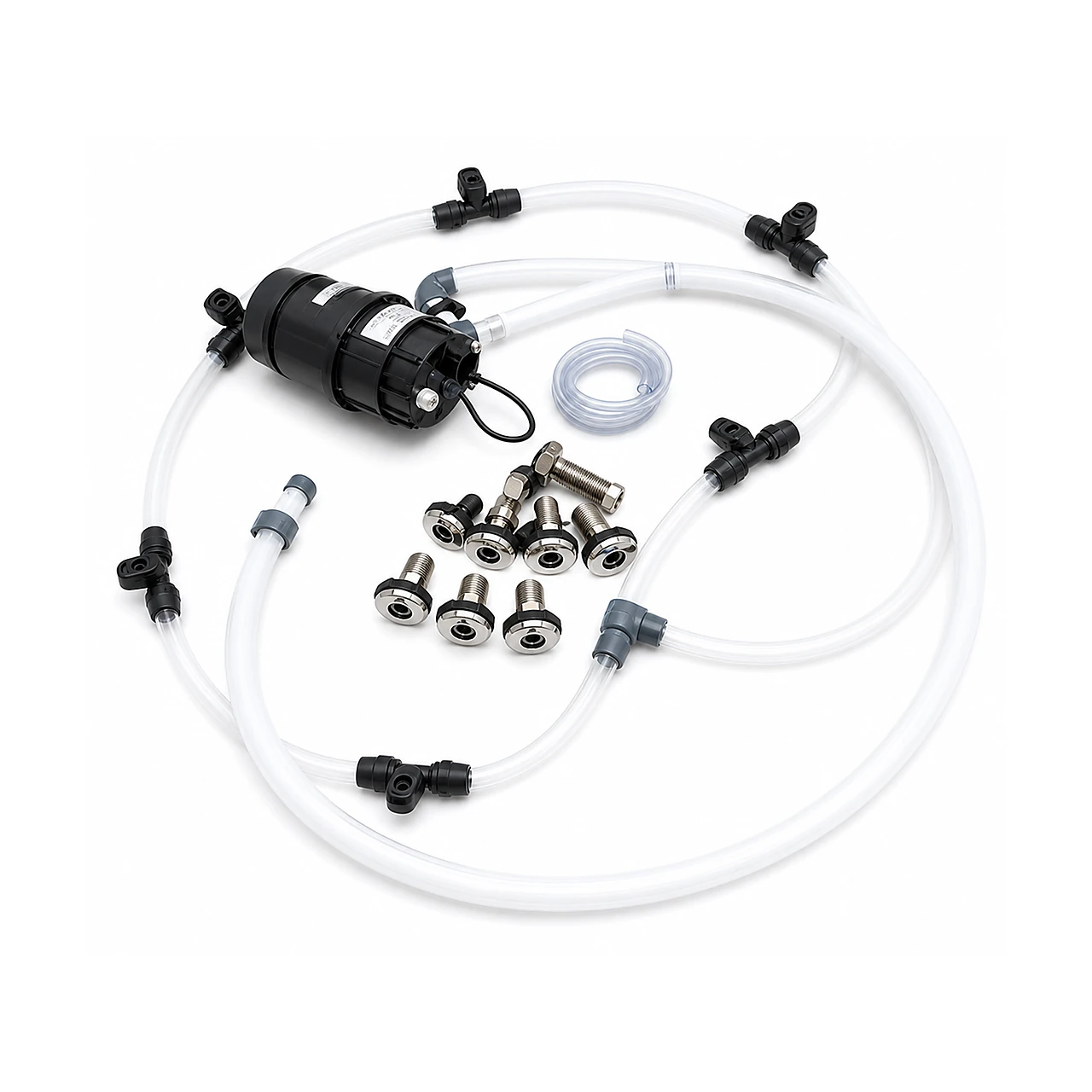 Système bulles pour bain nordique – massage à air relaxant 1 Kit de massage à bulles d’air pour bain nordique, avec soufflerie, tuyaux transparents, collecteur et buses en acier inoxydable sur fond blanc
