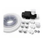 Accessoires pour bains nordiques 5 Kit d’hydromassage pour bain nordique, avec pompe de circulation, flexibles transparents, jets en inox, raccords et commandes sur fond blanc