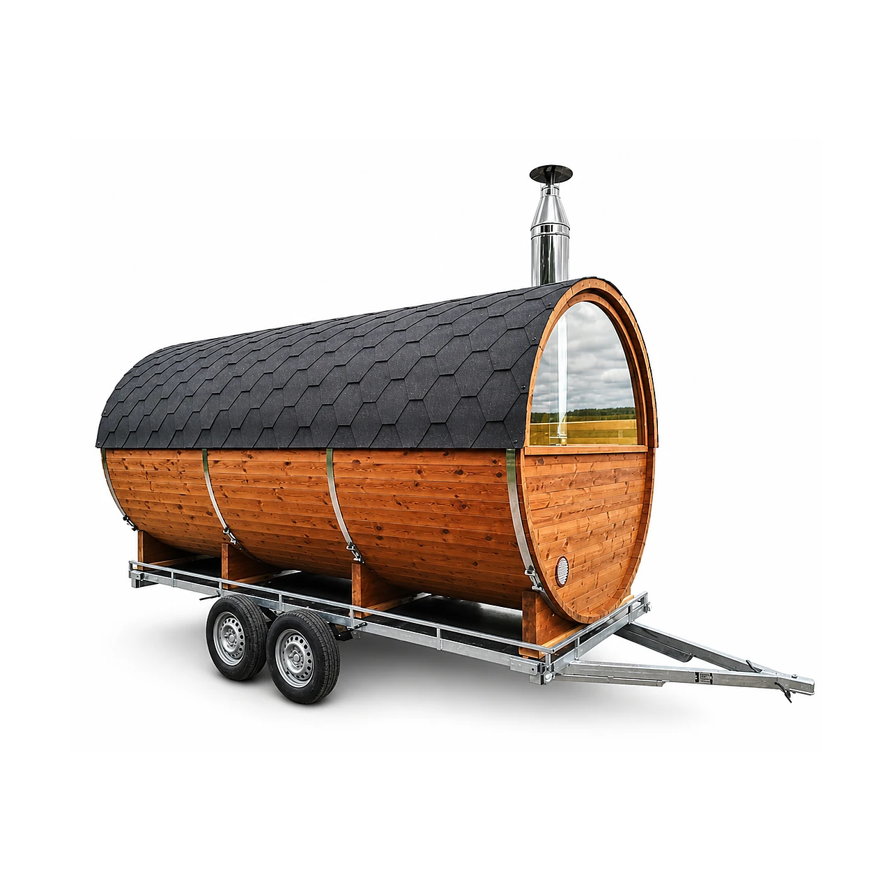 Sauna tonneau mobile TimberIN Nordic installé sur une remorque routière à deux essieux