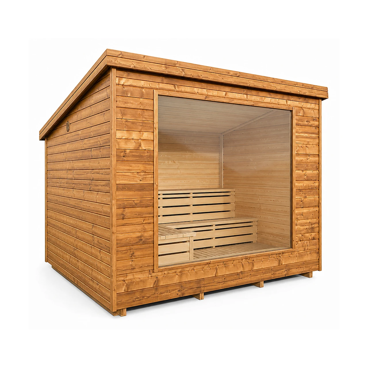TimberIN Nordic Vista™ 1 Sauna de jardin rectangulaire TimberIN Nordic Vista, avec bardage horizontal en bois, façade vitrée pleine largeur et banquettes intérieures à plusieurs niveaux sur fond blanc