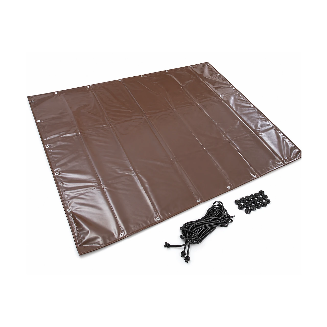 Bache pour spa extérieur 1 Bâche légère imperméable marron pour bain nordique, dépliée avec œillets renforcés, cordon noir et boutons de fixation sur fond blanc