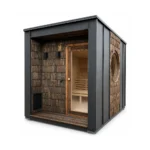 Sauna extérieur 12 Sauna extérieur compact TimberIN Nordic Oculus, avec cadre sombre, façade en bois texturé, porte vitrée et grande fenêtre latérale ronde sur fond blanc
