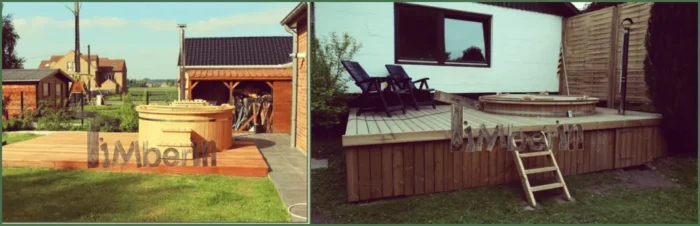 Installation d’un bain nordique 11 Trois bains nordiques ronds installés sur des terrasses en bois surélevées
