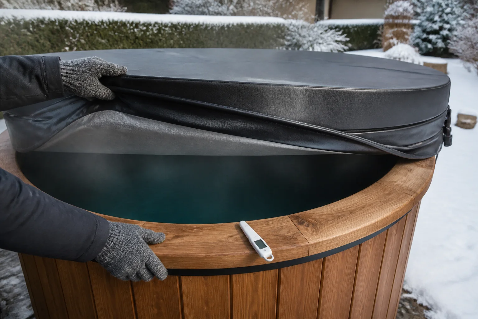 Bain nordique en hiver 2 Couvercle isolant soulevé avec des gants d’hiver au-dessus d’un bain nordique