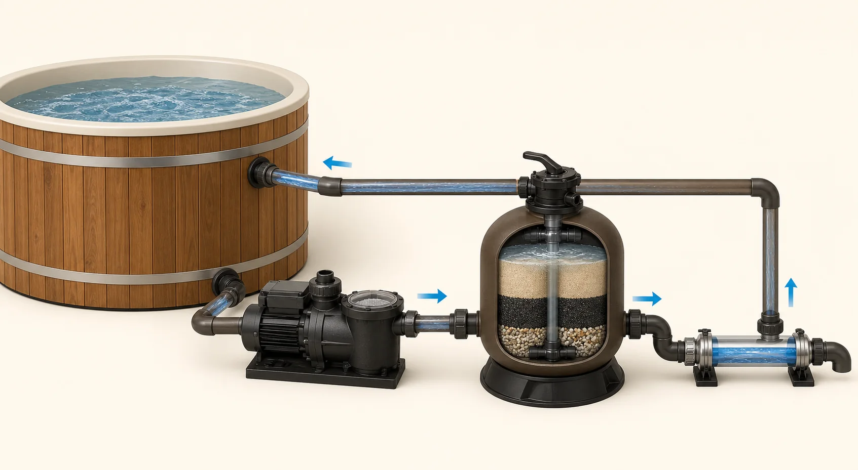 Traitement de l’eau d’un bain nordique 2 Schéma du circuit d’un bain nordique avec pompe, filtre à sable, UV-C fermé et retour