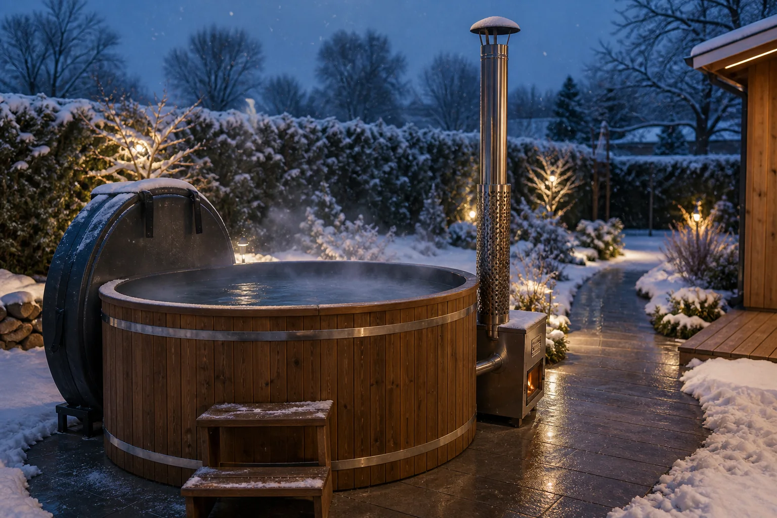 Bain nordique en hiver 1 Bain nordique en bois avec vapeur, poêle extérieur et accès dégagé dans un jardin enneigé