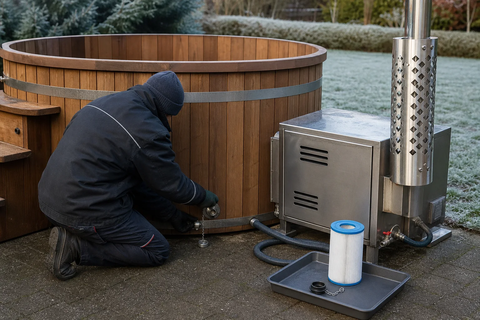 Bain nordique en hiver 3 Technicien vidant les raccords, le poêle et le filtre d’un bain nordique avant le gel