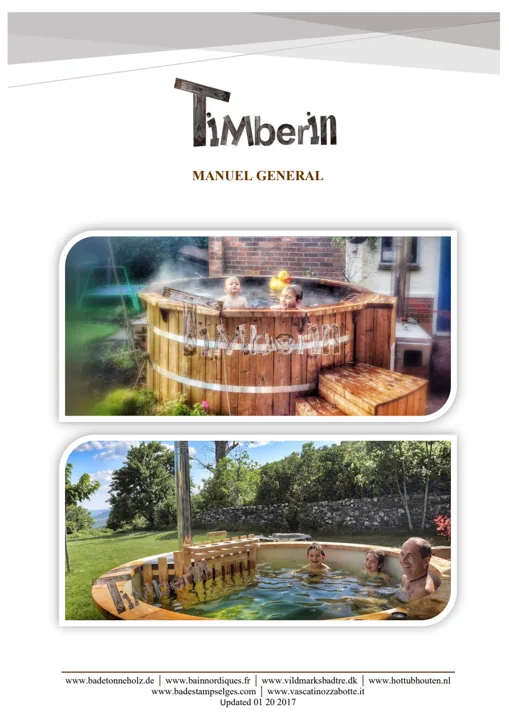 Manuel utilisateur du bain nordique 1 Première page du manuel général TimberIN avec deux photos de bains nordiques en bois