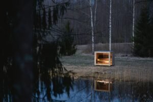 TimberIN Nordic Cube sauna dans une prairie