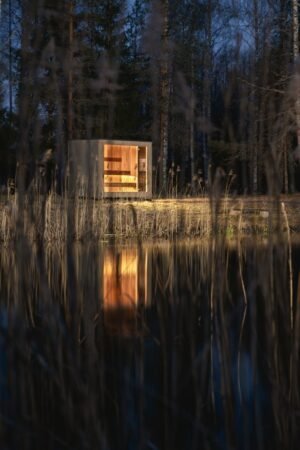 TimberIN Nordic Cube éclairé de nuit parmi les roseaux