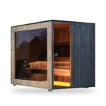 TimberIN Nordic Cube sauna extérieur moderne en CLT avec façade vitrée sur fond blanc